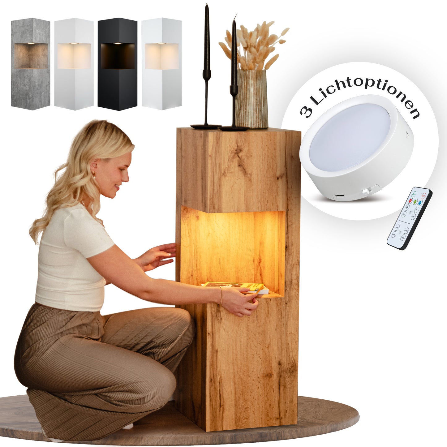 Beleuchtete Säule wetterfest in der Farbe Eiche - 2 Größen zur Auswahl
