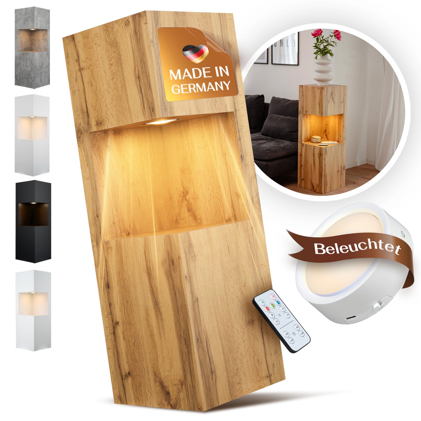 Beleuchtete Säule wetterfest in der Farbe Eiche - 2 Größen zur Auswahl