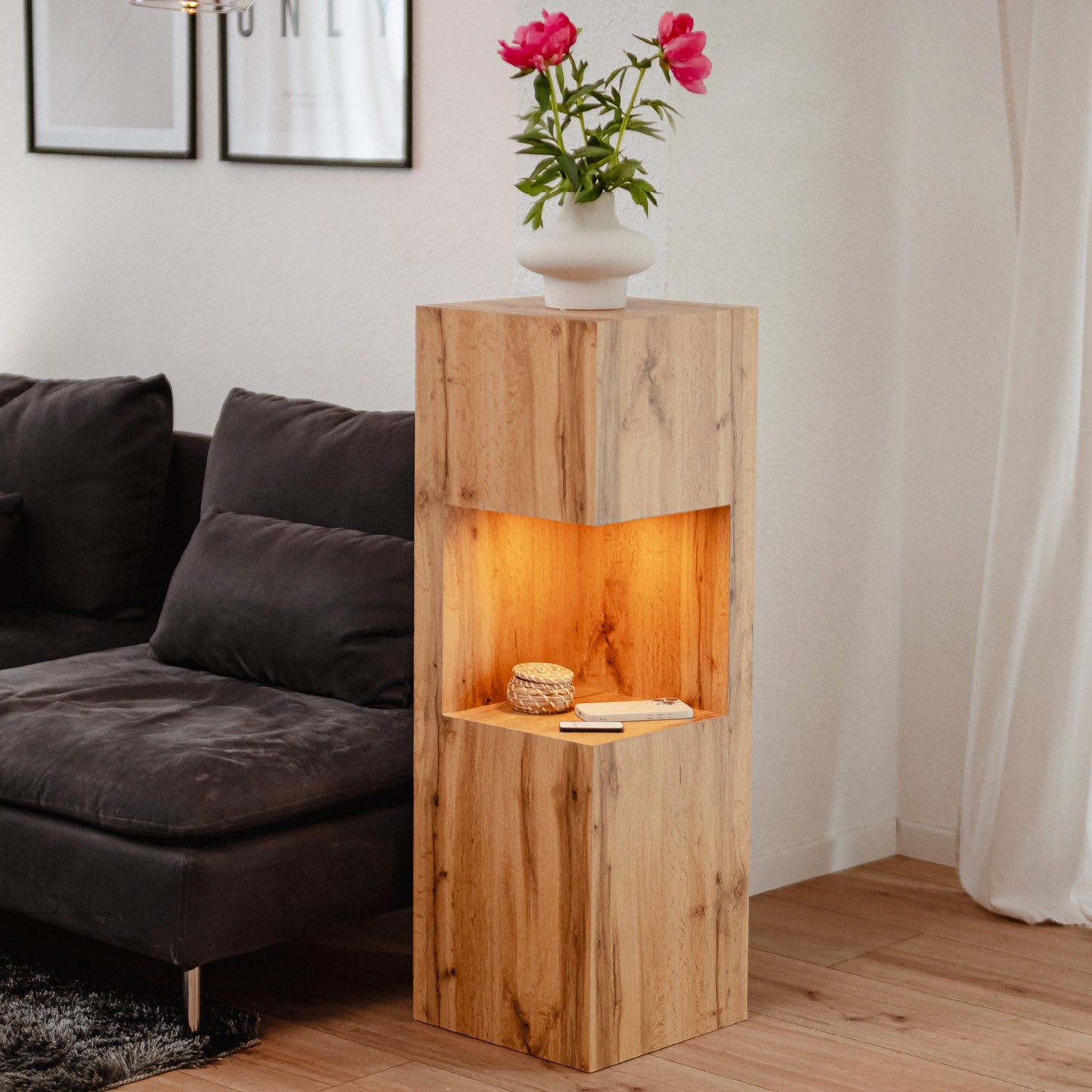 Beleuchtete Säule wetterfest in der Farbe Eiche - 2 Größen zur Auswahl