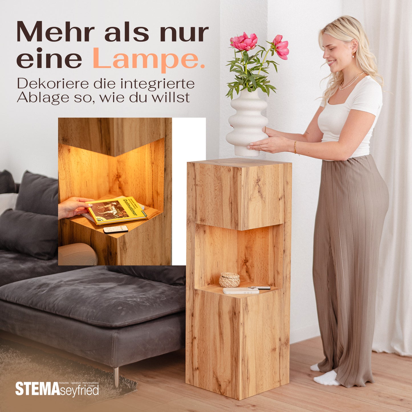 Beleuchtete Säule wetterfest in der Farbe Eiche - 2 Größen zur Auswahl