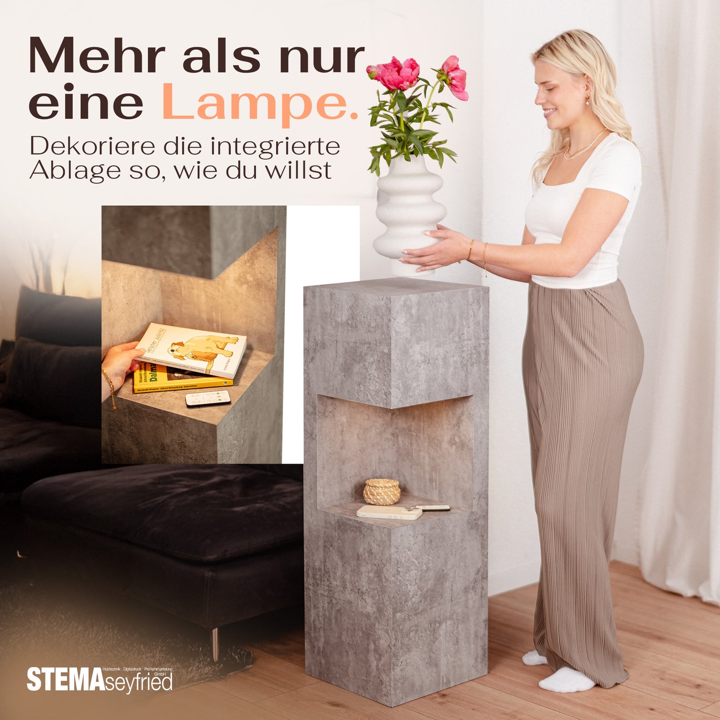 Beleuchtete Säule wetterfest in der Farbe Beton - 2 Größen zur Auswahl