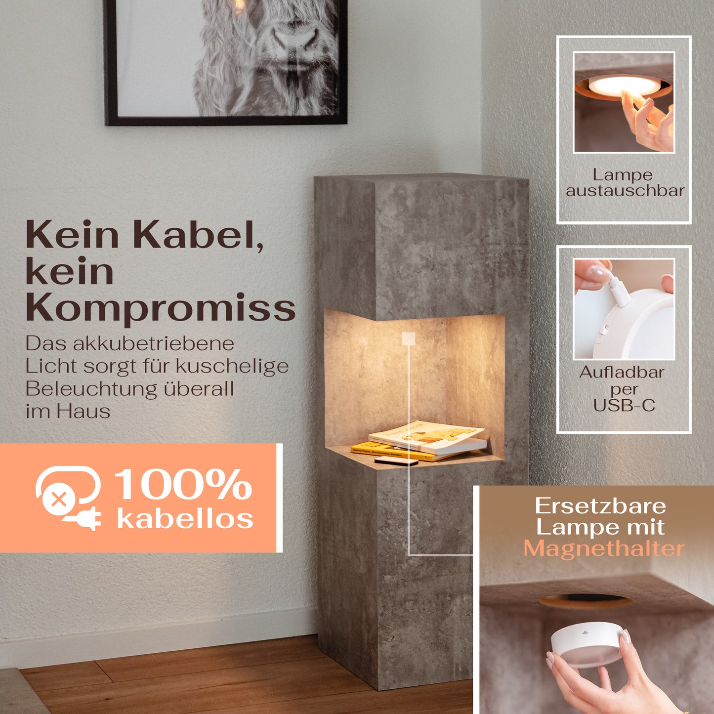 Beleuchtete Säule wetterfest in der Farbe Beton - 2 Größen zur Auswahl