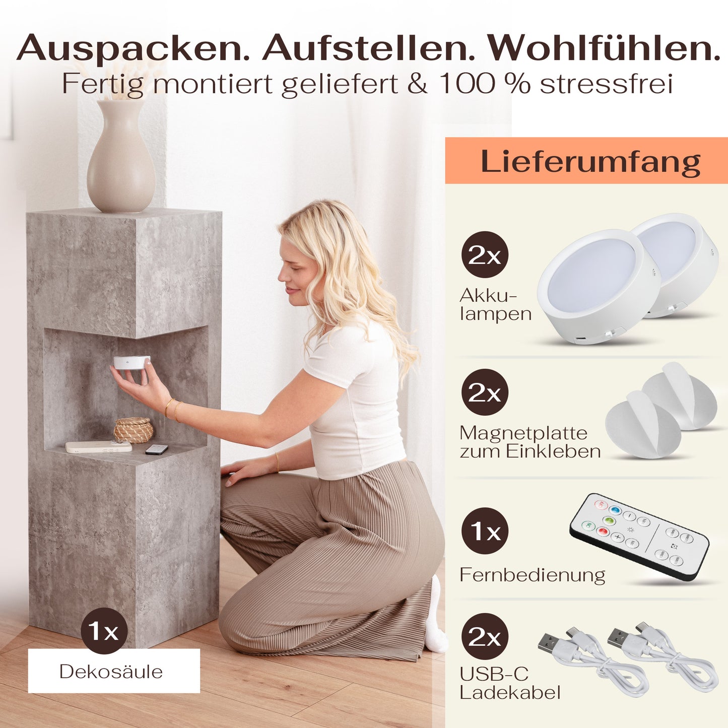 Beleuchtete Säule wetterfest in der Farbe Beton - 2 Größen zur Auswahl