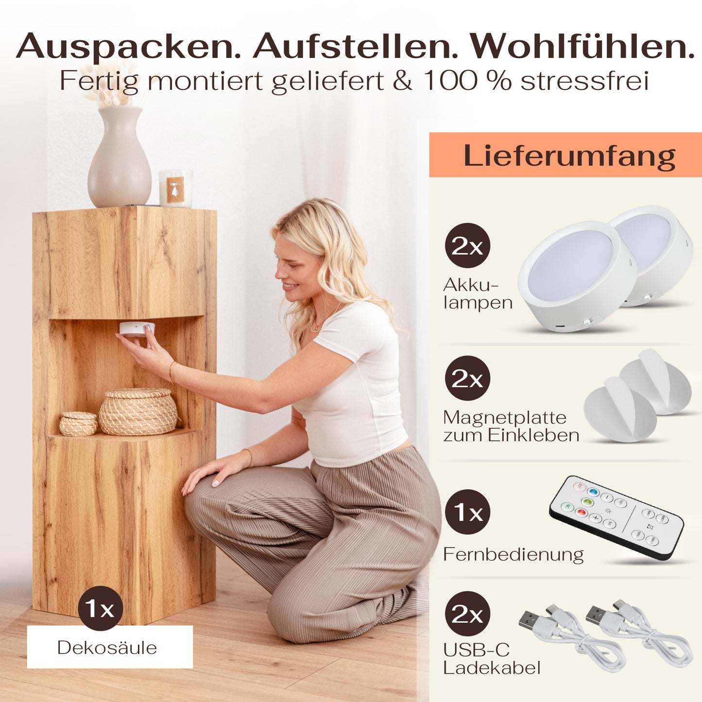 Beleuchtete Säule wetterfest in der Farbe Eiche - 2 Größen zur Auswahl