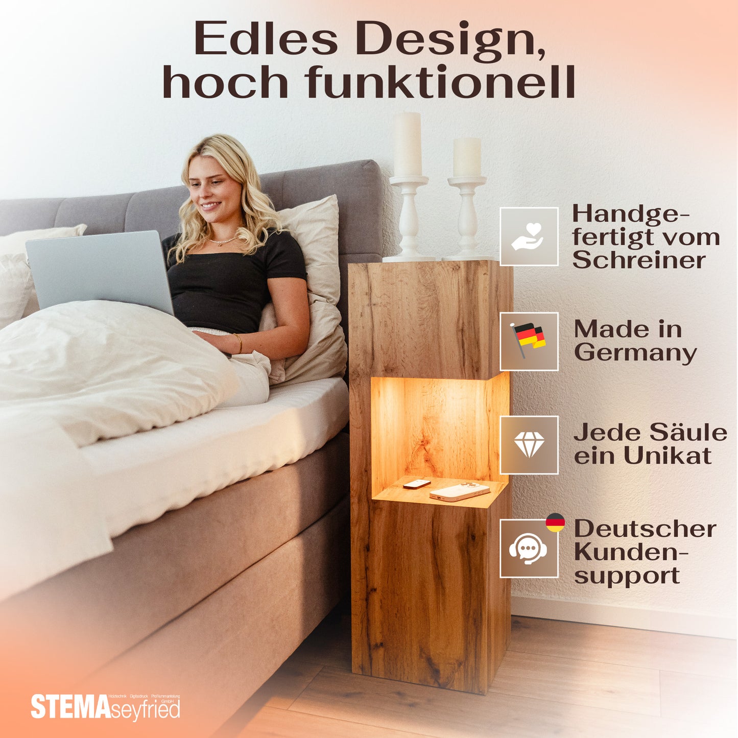 Beleuchtete Säule wetterfest in der Farbe Eiche - 2 Größen zur Auswahl