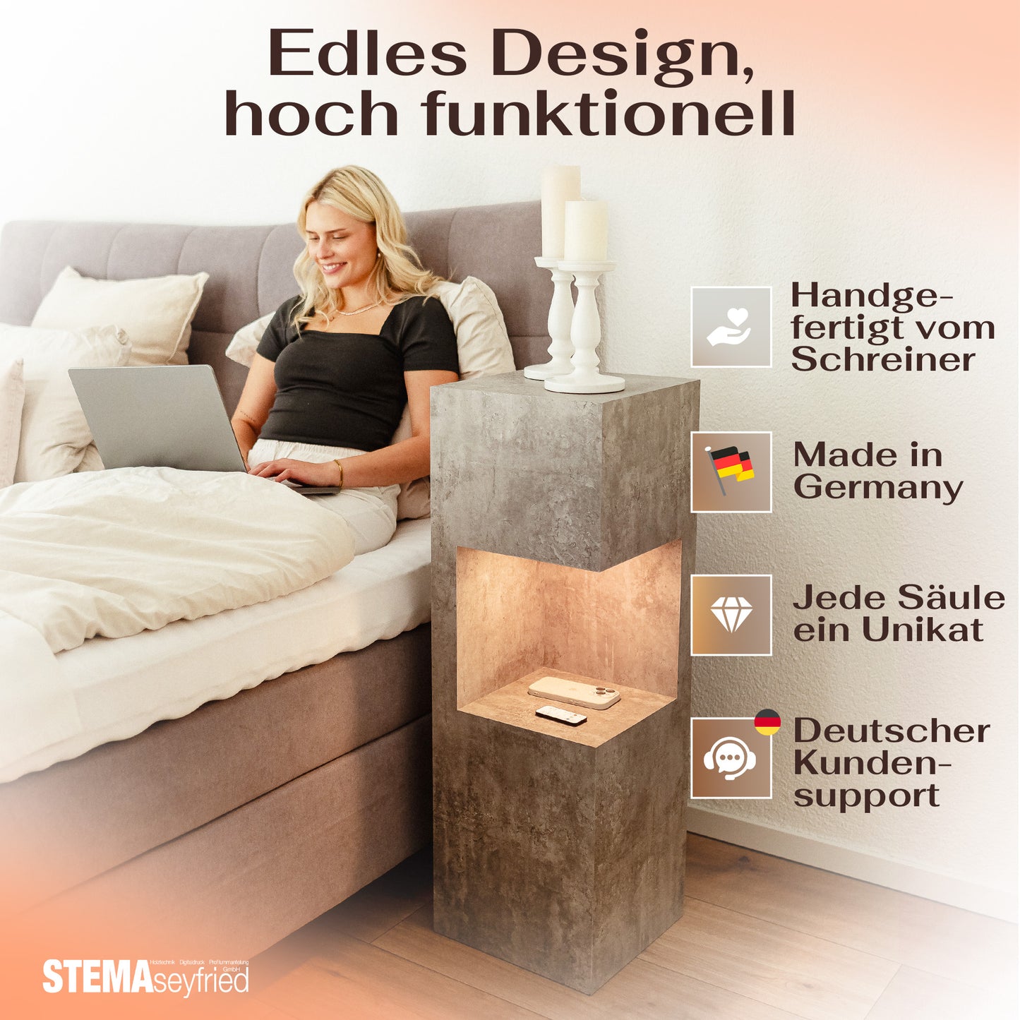 Beleuchtete Säule wetterfest in der Farbe Beton - 2 Größen zur Auswahl