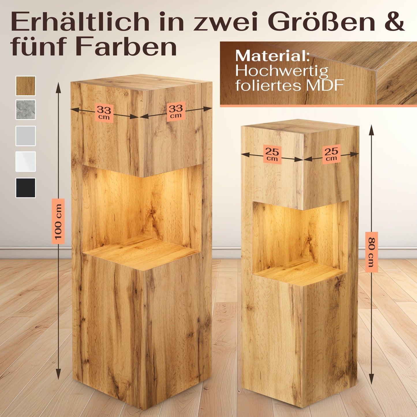 Beleuchtete Säule wetterfest in der Farbe Eiche - 2 Größen zur Auswahl